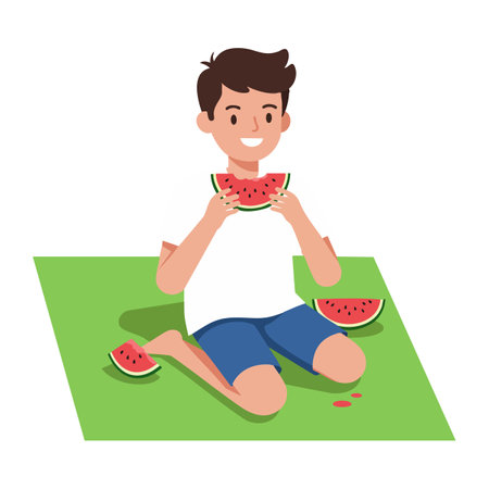 A boy in white shirt and blue shorts enjoys eating watermelon slices while sitting on a green blanket, creating a cheerful scene.のイラスト素材