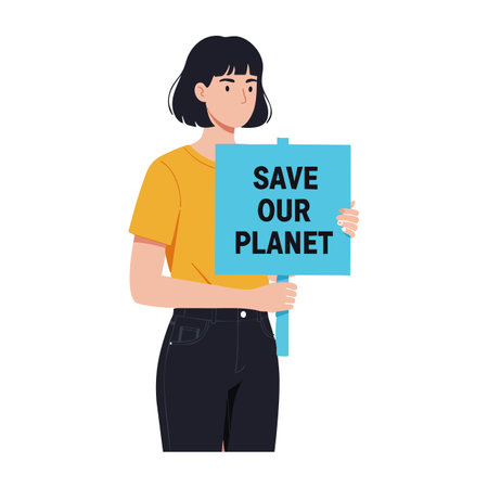 Female figure holds a blue sign with environmental message, wearing yellow top and black pants, promoting planet protection in a calm mood.のイラスト素材
