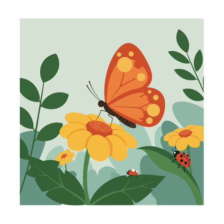 Vector shows an orange butterfly and red ladybugs on yellow flowers among green leaves in a natural setting calm and peaceful.のイラスト素材