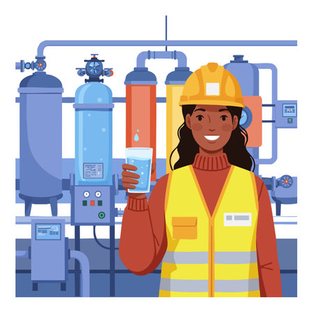 Woman engineer in yellow safety vest and helmet holds a glass of water by industrial water treatment machines in a bright setting, positive mood.のイラスト素材