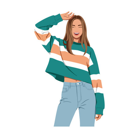 Illustration shows a young woman happily waving with a colorful striped sweater and jeans, expressing joy and friendliness in a casual style.のイラスト素材