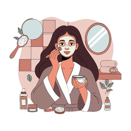 Woman wearing bathrobe applies facial cream in front of bathroom mirror with skincare products and towels, creating a calm and fresh atmosphere.のイラスト素材