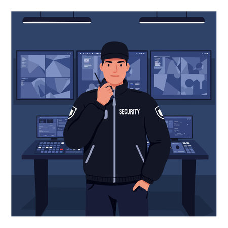 A security guard stands in a control room with multiple surveillance screens, holding a walkie-talkie, conveying vigilance and alertness mood.のイラスト素材