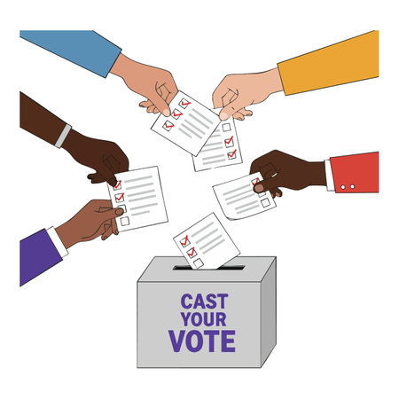 Multiple diverse hands insert checked ballots into a voting box labeled cast your vote in a flat vector style, depicting democratic participation mood.のイラスト素材