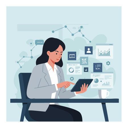 Businesswoman in a gray blazer uses a tablet surrounded by digital charts and graphs in an office setting, conveying focus and professionalism.のイラスト素材