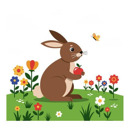 Illustration shows a brown rabbit holding a red apple surrounded by colorful flowers and green grass in a bright, cheerful scene. Happy mood.のイラスト素材