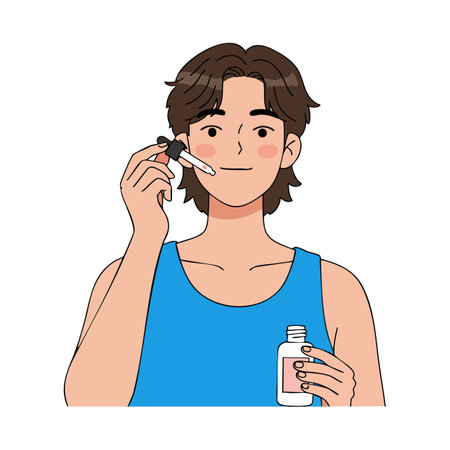 Illustration shows a young man in a blue tank top applying skincare serum with a dropper. The scene is clean and calm.のイラスト素材