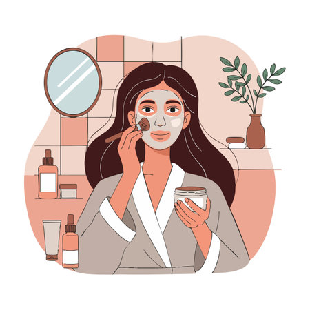 Young woman uses a cotton pad to apply face cream in a bathroom with skincare products visible, creating a calm and self-care mood.のイラスト素材