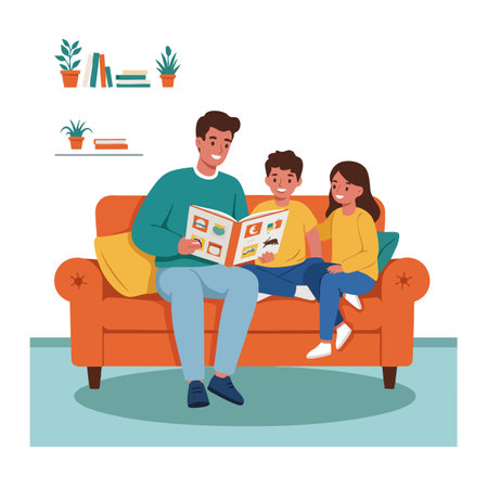 A father reads a picture book to his son and daughter on an orange couch in a cozy living room setting, creating warm family bonding mood.のイラスト素材