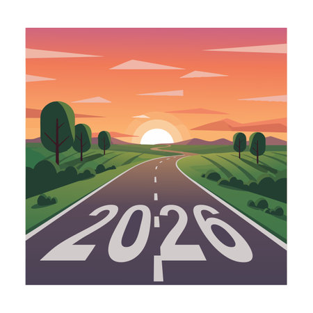 Illustration shows a road curving towards a sunset with trees and hills, featuring large 2026 numbers on the pavement, conveying hopeful mood.のイラスト素材