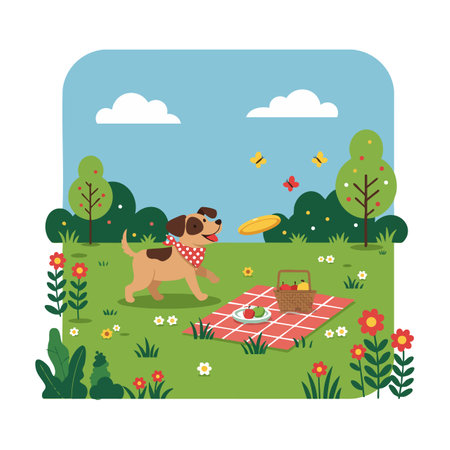 Vector illustration shows a dog playing frisbee near a picnic basket on a red checkered blanket in a green park with flowers and trees, cheerful mood.のイラスト素材
