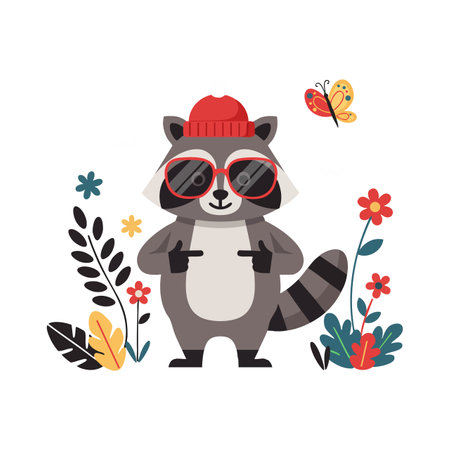 A cool raccoon in red beanie and sunglasses stands among colorful flowers with a butterfly flying nearby in a cheerful style.のイラスト素材