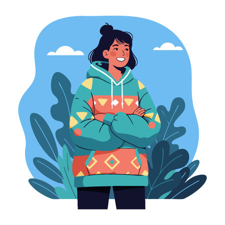 Illustration shows a young woman smiling confidently in a colorful hoodie outdoors with green plants...