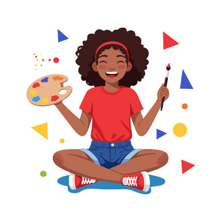 Illustration shows a young girl sitting cross-legged happily painting with palette and brush among colorful shapes in a bright, cheerful scene. Joyful mood.のイラスト素材