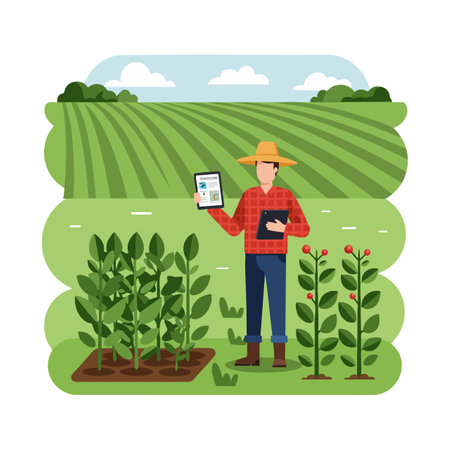Farmer stands in green agricultural field holding a tablet and clipboard under blue sky with clouds, showing modern farming technology calm mood.のイラスト素材