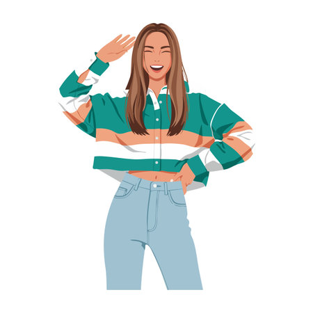 Illustration shows a young woman smiling and saluting while wearing a colorful striped sweater and blue jeans, radiating cheerful energy.のイラスト素材