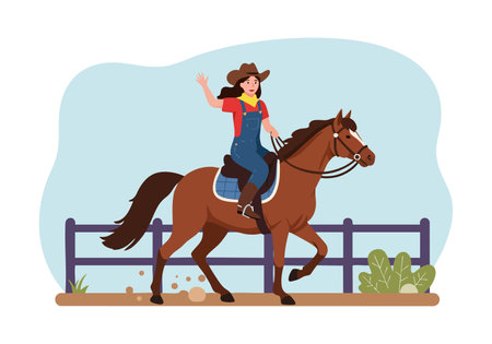 Woman wearing hat rides a galloping brown horse near a fence with plants and blue sky, creating an active and natural mood.のイラスト素材