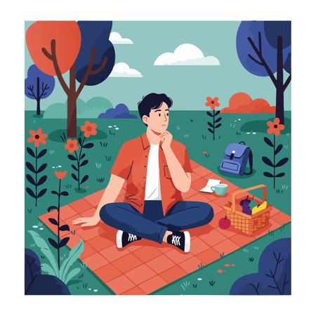 A young man in casual clothing sits on a picnic blanket surrounded by trees, flowers, and a basket, relaxing peacefully in nature. Calm mood.のイラスト素材