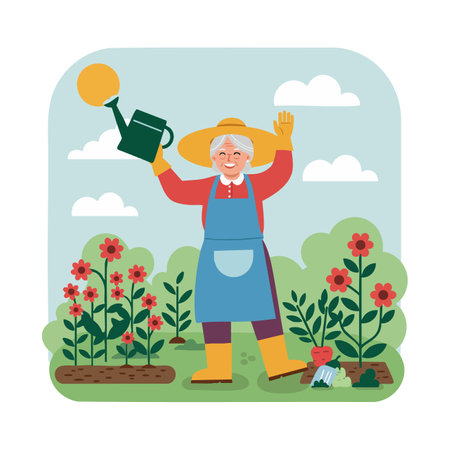 Elderly woman wearing apron and hat waters flowers in a backyard garden under a blue sky with clouds, cheerful mood.のイラスト素材