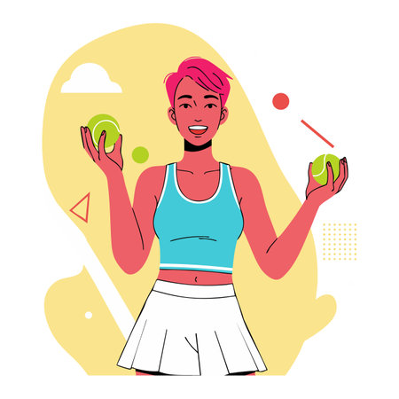 Illustration shows a young woman juggling tennis balls wearing sporty clothes and short hair in a bright setting with a cheerful mood.のイラスト素材