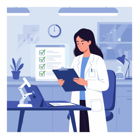 A female scientist wearing a white lab coat reviews data on a clipboard in a well-equipped laboratory setting, showing focus and professionalism. Calm mood.のイラスト素材