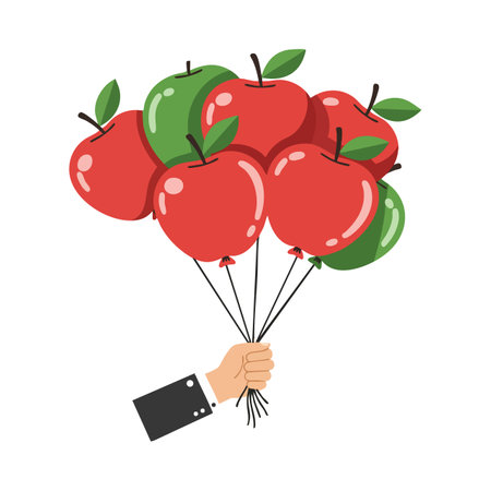 Vector illustration shows a hand holding red and green apple-shaped balloons with leaves and stems, creating a playful and creative mood.のイラスト素材