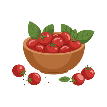Illustration shows a bowl filled with ripe red tomatoes and green leaves, with some tomatoes scattered around, conveying freshness and health. Cheerful mood.のイラスト素材