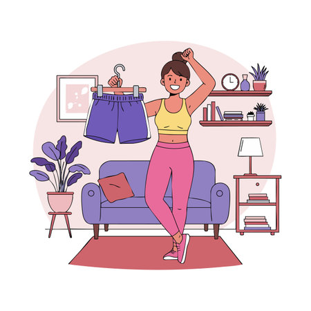Woman holds purple shorts with hanger in a stylish living room featuring pink, purple furniture and plants, showing a relaxed and joyful mood.のイラスト素材