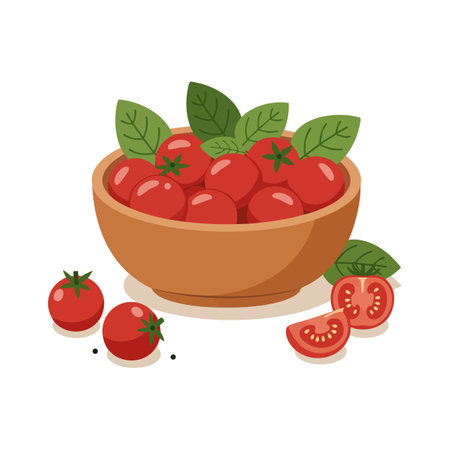 Illustration shows fresh red tomatoes in a wooden bowl with green leaves, some whole and sliced tomatoes around, simple and fresh mood.のイラスト素材