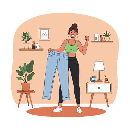 Illustration shows a smiling young woman in sporty clothes holding large jeans in a cozy room, expressing fitness achievement and confidence mood.のイラスト素材