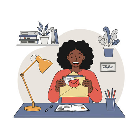 Illustration of a woman smiling while reading a letter at her desk with lamp, books, and plants creating a cozy work atmosphere. Cheerful mood.のイラスト素材