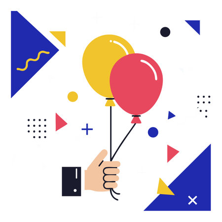 Illustration shows hand holding red and yellow balloons surrounded by blue and yellow geometric shapes, creating a festive and cheerful mood.のイラスト素材