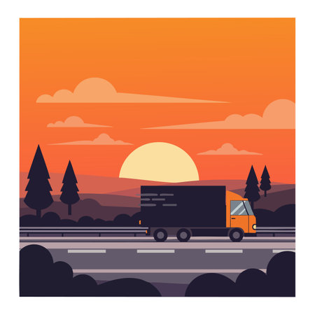 Delivery truck drives along highway at sunset with pine trees and hills in orange sky, creating a calm and peaceful mood.のイラスト素材