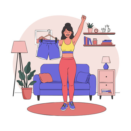 Illustration shows a young woman in activewear celebrating fitness progress in a cozy living room with pastel colors and modern decor. Cheerful mood.のイラスト素材