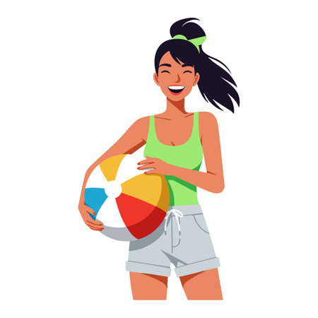 Illustration of a young woman holding a colorful beach ball wearing casual summer clothing, smiling happily. Bright and cheerful mood.のイラスト素材