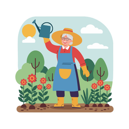 Elderly woman gardener waters vibrant flowers in a sunny outdoor garden scene, wearing a hat and apron, expressing cheerful mood.のイラスト素材
