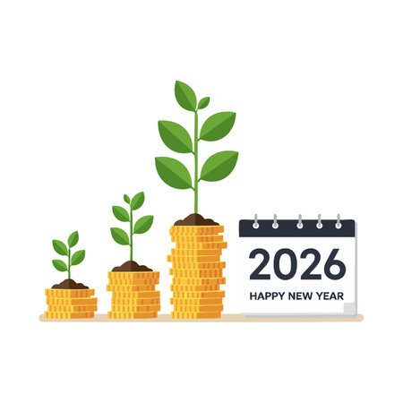 Illustration shows green plants growing on gold coin stacks next to a 2026 calendar symbolizing financial growth and new year optimism. Positive mood.のイラスト素材