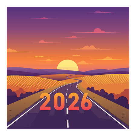 Illustration shows a winding road through fields at sunset with 2026 numbers, featuring purple and orange hues and a calm atmosphere.のイラスト素材