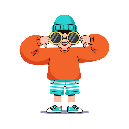 The child stands wearing teal hat, orange sweater, and striped shorts while looking through binoculars, expressing curiosity and playfulness. Cheerful mood.のイラスト素材