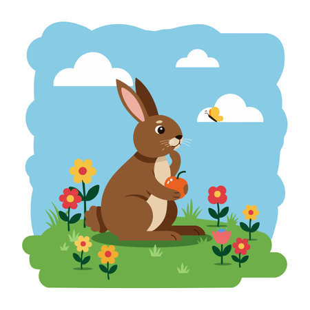This vector shows a brown rabbit holding a carrot in a colorful flower garden with a bee flying nearby under a blue sky with clouds, cheerful mood.のイラスト素材