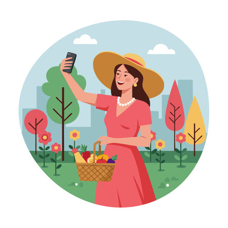Woman in red dress and wide-brimmed hat takes selfie outdoors with fruit basket, surrounded by colorful trees and flowers, bright cheerful mood.のイラスト素材