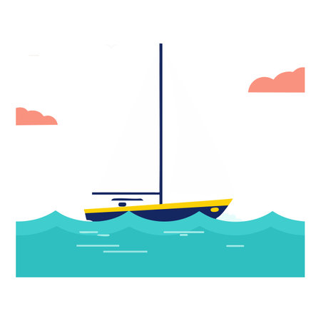 Vector illustration shows a sailboat on turquoise sea with pink clouds and clear sky, creating a calm and peaceful scene.のイラスト素材