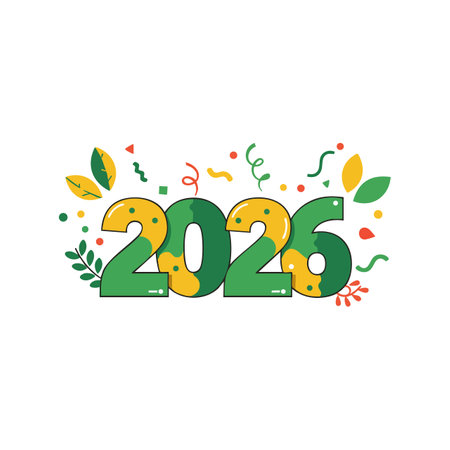 This vector shows 2025 numbers decorated with green and yellow leaves and confetti, symbolizing celebration and festivity. Cheerful mood.のイラスト素材