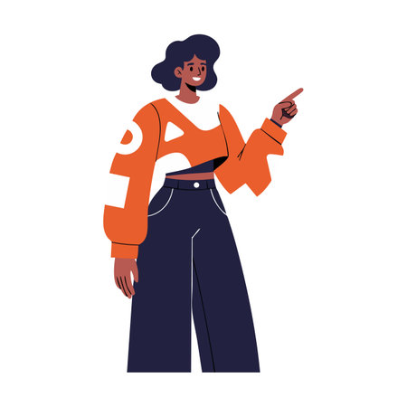 Illustration of a young woman wearing an orange cropped sweater and wide pants, confidently pointing forward with a smile, cheerful mood.のイラスト素材