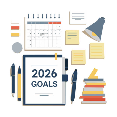 Vector illustration shows a 2026 goals planner with calendar, pens, sticky notes, lamp, and stacked...