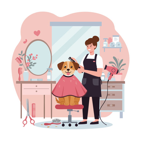 Female groomer trims a happy dog's fur in a cozy grooming salon with pink tones and heart decorations, creating a warm caring mood.のイラスト素材