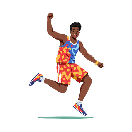 Illustration shows an athletic man jumping energetically wearing vibrant sportswear in a dynamic pose, conveying excitement and motion. Cheerful mood.のイラスト素材