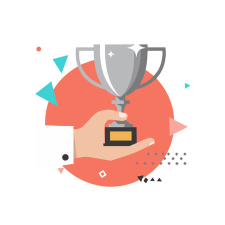 Illustration shows a hand holding a silver trophy, symbolizing achievement and success with colorful geometric shapes, creating a positive mood.のイラスト素材
