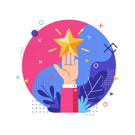 Illustration features a human hand holding a golden star symbolizing achievement and success with colorful abstract background, creating an inspiring mood.のイラスト素材