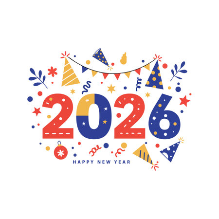 Illustration features 2026 numbers decorated with party hats, confetti, stars, and banner in red,...
